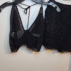 Black Crochet Top and Skirt Set